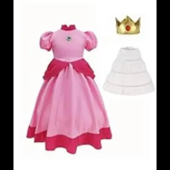 Princess Peach Costume With Crown Fits 6-8 Yo - From Nintendo Super Mario - Picture 4 of 4